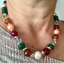 Collana donna pietre naturali:radice smeraldo,corniola,giada e perle di Maiorca 