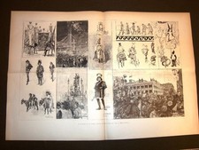 Stampa enorme del 1891 Carnevale di Roma Carro Giullari Prefetto Bandiere rioni