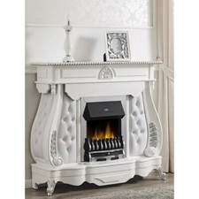 Camino elettrico stufa Barocco Inglese bianco particolari argento marmo ecopelle