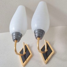 Coppia Di Applique Vintage 1950 In Vetro E Ottone Dorato Anni 50