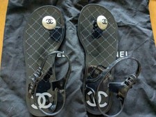 CHANEL COCO MARK Pearl Flat Sandals Mules Pumps Shoes Women EU 35 Black Rubber