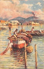 Cartolina Napoli Vesuvio con barche Pittore Carelli 1954 ed. Scrocchi