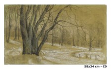 PAESAGGIO INVERNALE DISEGNO ANTICO DATATO 1930 DANIMARCA CARBONCINO SU CARTA X0
