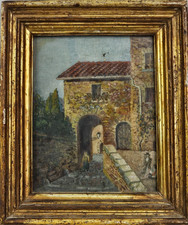 Antico Dipinto Paesaggio Olio su Tavola Inizio '900 Piccolo Quadro con Cornice