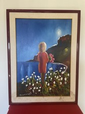 Eliano Fantuzzi olio  Bambina con fiori al tramonto