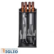 Kit Attrezzature Set 4 Attrezzi Camino Caminetto Stufa h.cm 60 Manici in Legno