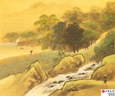 Rotolo giapponese da appendere, viaggiatore, pittura paesaggio, fiume, dipinto su seta