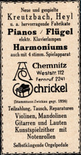 126/197 ANNUNCIO PUBBLICITARIO ANNO 1926 KREUTZBACH HEYL PIANOFORTI ALI CHEMNITZ