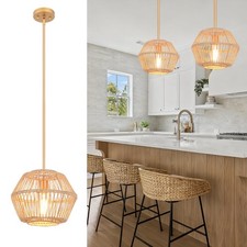 Woven Rattan Pendant Light Fixture Handmade Cage Wicker Boho Chandelier Natur...