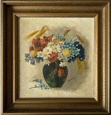 Piccola Pittura A Olio Natura Morta Con Fiori Mazzo Estivo K. Jörgensen