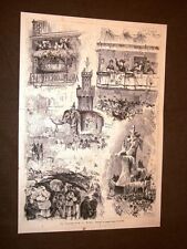 Incisione del 1879 Il Carnevale di Roma Loggia della Regina e Carro Romano