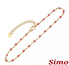 CAVIGLIERA  BRACCIALE DONNA ACCIAIO UOMO ROSSO CORALLO ORO  REGOLABILE PIETRA