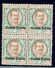 Eritrea - 1903 - 1 lira Floreale (Sassone 28) in quartina nuova con piena gomma