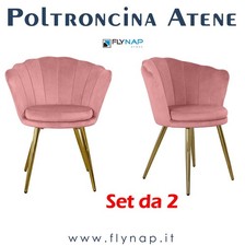 SET 2 Poltrone Imbottite Schienale a Conchiglia Atene Velluto Rosa e Gambe oro