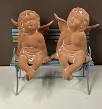 Set di 2 angeli in argilla terracotta vintage seduti su panchina