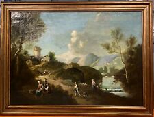 ANTICO GRANDE QUADRO OLIO TELA PAESAGGIO ARCHITETTURE FIGURE SCENA BUCOLICA '700