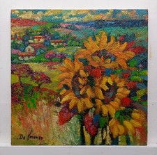 Dipinto Paesaggio Girasoli Quadro Olio Cm30x30 De Lorenzo Carlo