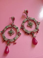 GRANDI ORECCHINI INDIANI DA SPOSA VINTAGE RUBINI, SMERALDI E ZIRCONI IN ARGENTO 