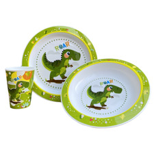 SET PAPPA 3 PEZZI DINOSAURI PREISTORIA PIATTO FONDO PIANO BICCHIERE MICROONDE