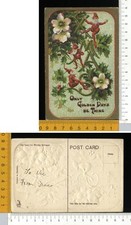 V3576] BUON ANNO NUOVO - SCENA GNOMI ELFI FIORI DI PESCO E AGRIFOGLIO - RILIEVO