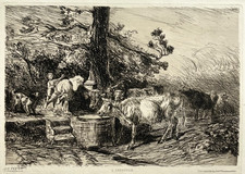 Abreuvoir EAU FORTE Gravure GIUSEPPE PALIZZI Vaches Cadart 1878