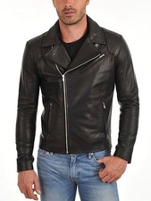 Giacca In Pelle Da Moto Biker In Vera Pelle Di Agnello Nera Design Vintage U667