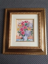 QUADRO A TEMPERA   FIRMATO PIERO CICOLI  URBANIA  FIORI CORNICE IN LEGNO DORATA