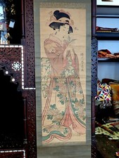 Stampa Katsukawa Shunsen Ukiyo-e donna con fiore Kakimono-e antico Giappone