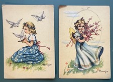 2 cartoline Mariapia anni 40-50 serie 123 bimba colombe e agnellino