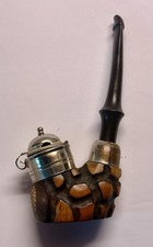 Pipa vintage tirolese intagliata a mano placca argento tappo a vento corno stelo Tirolo anni 20-40