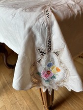 Tovaglia italiana vintage ricamata ecrù taglio aperto, 81"x62" angoli unici