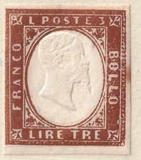 1861 STATI SARDI lV EMISSIONE 3 LIRE RAME SCURO CARTA SOTTILE NUOVO CERTIFICATO