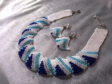 Set Collana Statement Bianco Blu Ondeggiante Orecchini Pezzo Unico Fatto A Mano