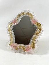 Specchio da tavolo vintage MURANO 26 cm - fiori rosa - anni 50/60 Mid-Century