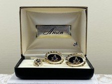 Vintage Anson Goldtone Oval Shaped Freemason Masonry Cufflinks Tie Bar Set