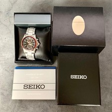 Orologio Seiko Uomo Cronografo Argento Quadrante Rosso 42mm Quarzo mai...