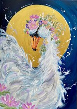 Cigno con finta luna oro dipinto acrilico originale su tela 50x70 cm arte da parete