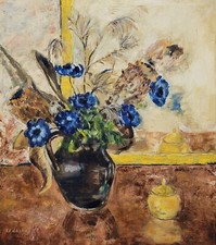 Dipinto olio fiori natura morta Karl Heinz Abshoff (XX) 89x79cm