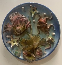 VINTAGE PIATTO CERAMICA IN RILIEVO MARE PESCI TEMA MARINO POLIPO XX SECOLO