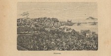 Stampa antica POZZUOLI veduta panoramica con Vesuvio Napoli 1899 Antique print
