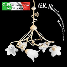 LAMPADARIO IN FERRO BATTUTO 5 L AVORIO ORO VT. ALABASTRO BIANCO SOSPENSIONE Dina