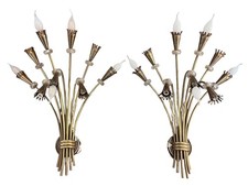 Coppia Applique Floreali con 9 bracci in Ottone e Vetro colore Oro. Funzionanti.