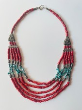 COLLANA ETNICA A BAVAGLINO MULTIFILO color corallo, turchese e argento