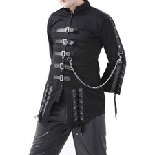 Cappotto uomo nero gotico steampunk fibbia catena trench jacket