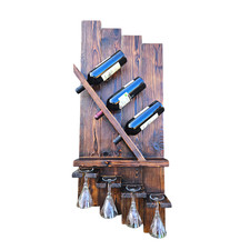 Portabottiglie Vino in Legno da parete con portabicchieri Rustico Fatta a Mano