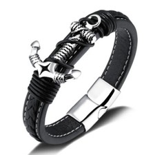 Bracciale Braccialetto Uomo con Ancora acciaio cinturino cuoio - Idea regalo