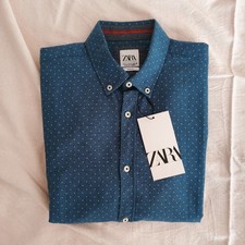 CAMICIA UOMO SLIM FIT M AZZURRA BLU COTONE 100% ZARA COLLO BOTTONI PERLA