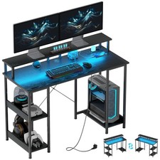 HOMCOM Scrivania PC Reversibile Prese Elettriche, Luci e Supporto Monitor Nero