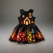 Mini ABITO CASA STREGATA BERNI Halloween multicolore raso tg. 5-6 anni