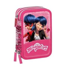 Astuccio Tre Zip  Pieno Colori Miraculous Lady Bug  Bimba Elementare Rosa